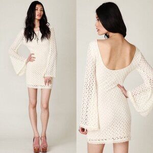 Free People Ivory Lace Crochet Gypsy Mini Dress Scoop-Back Long Bell Sleeve